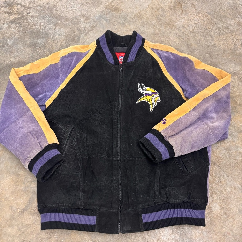 Vintage Minnesota Vikings NFL Suede Leather Varsity Jacket Purple Black Gold L